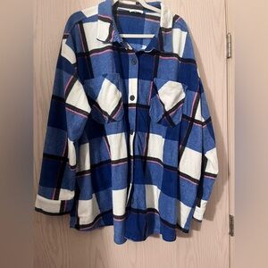Maurices Blue and White Plaid Button-Up fleece shacket